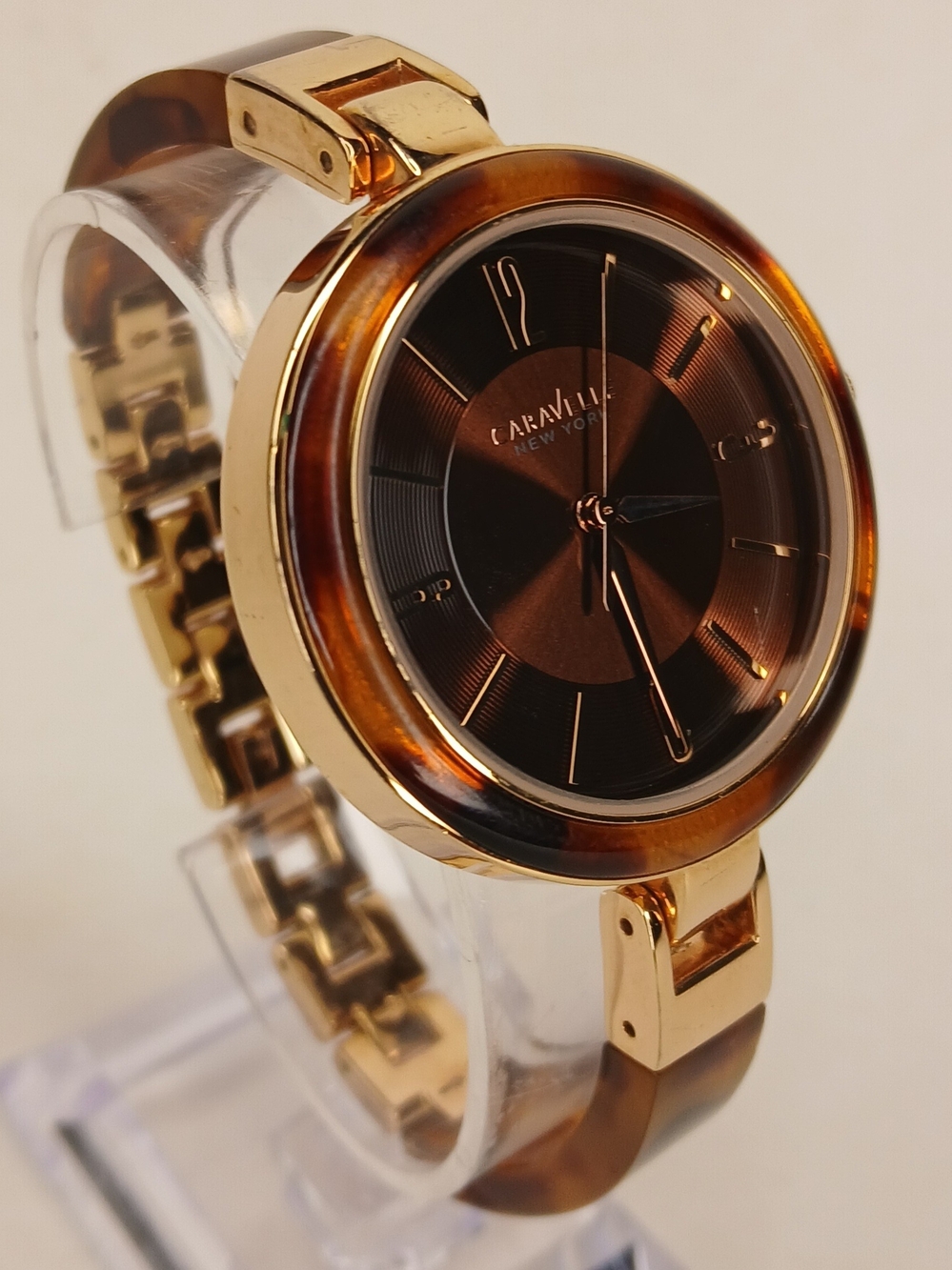 Caravelle New York By Bulova 44L137 Gold Tone Tortoise Shell Bangle Womens Watch